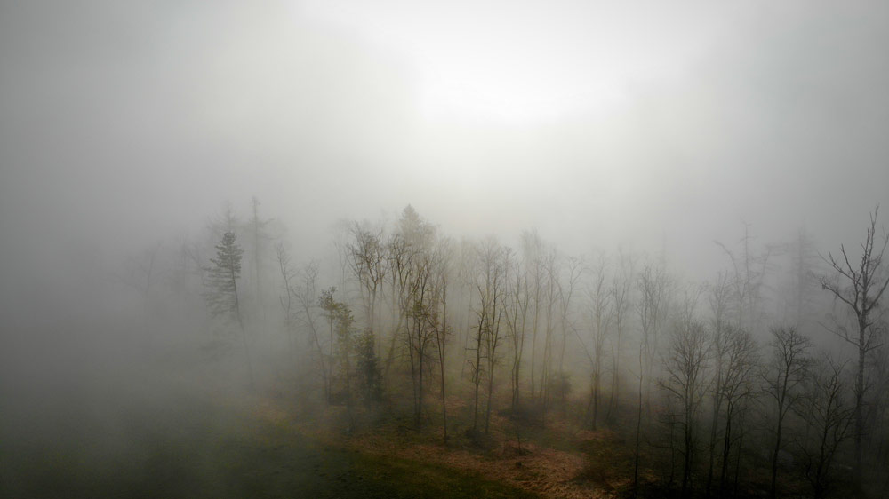 Drohnenbild im Nebel als Symbol für verborgene Ursachen und diffuses Unwohlsein - Body Code findet energetische Blockaden auf emotionaler, mentaler und körperlicher Ebene.