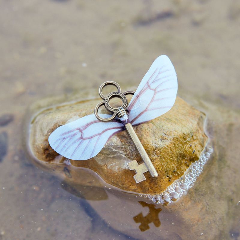 Messingschlüssel mit Engelsflügeln auf Stein im Wasser, als Symbol für den Schlüssel zur Transformation und Veränderung mit Kafina Coaching. Jetzt ist Deine Zeit.