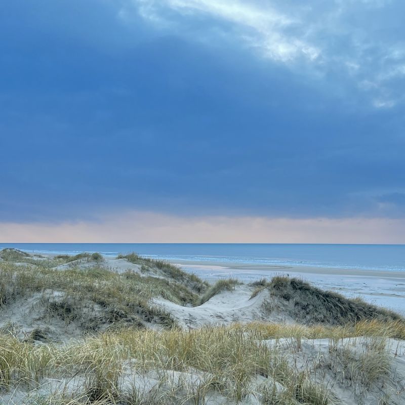 Dünen und Meer in Blau – Hinter dem Nebel wartet Weite. Geh in Deinem Tempo.
