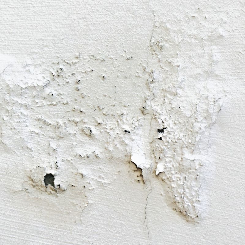 Flurecke mit Türrahmen, Fußleiste und einem dunklen Wasserfleck an der Wand